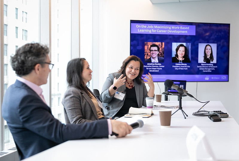 FCNY President, Lisette Nieves, joins co-author, Becca Huntting, and moderator Jonathan Bowles in a panel discussion on maximizing work based learning for career development.